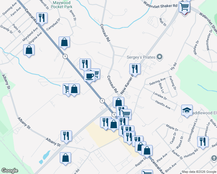 map of restaurants, bars, coffee shops, grocery stores, and more near 46 Consaul Road in Albany