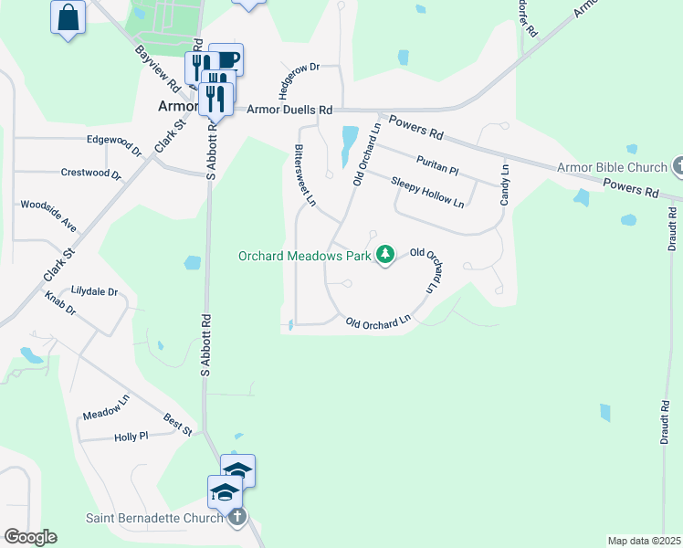 map of restaurants, bars, coffee shops, grocery stores, and more near 6 Old Post Road in Orchard Park