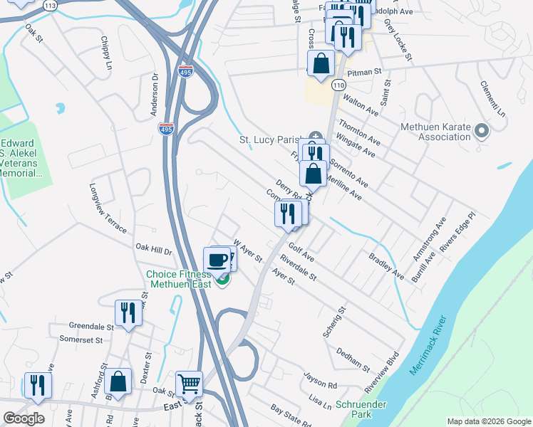 map of restaurants, bars, coffee shops, grocery stores, and more near 14 Booth Road in Methuen
