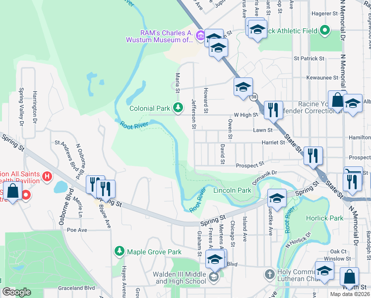 map of restaurants, bars, coffee shops, grocery stores, and more near Root River Pathway in Racine