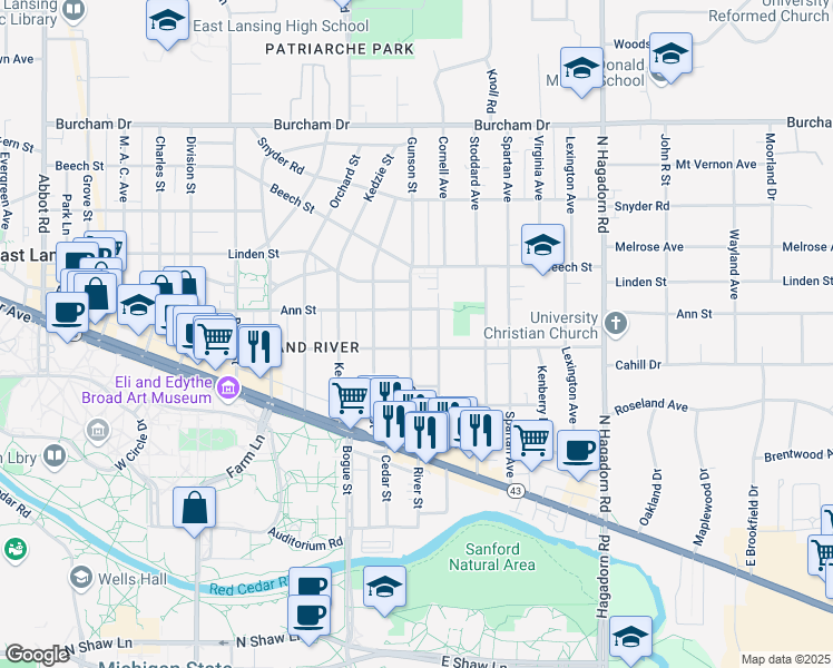 map of restaurants, bars, coffee shops, grocery stores, and more near 264 Gunson Street in East Lansing