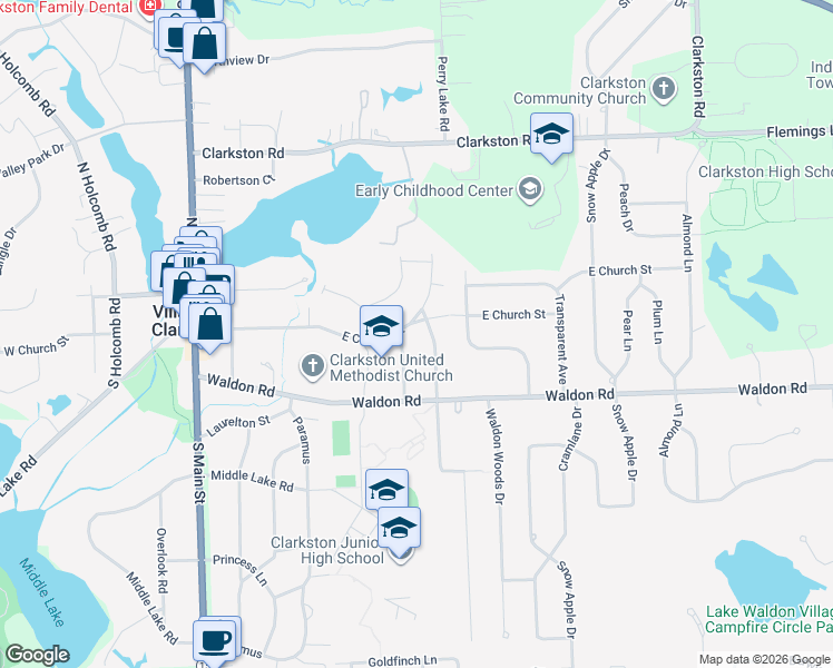 map of restaurants, bars, coffee shops, grocery stores, and more near 6541 Church Street in Clarkston