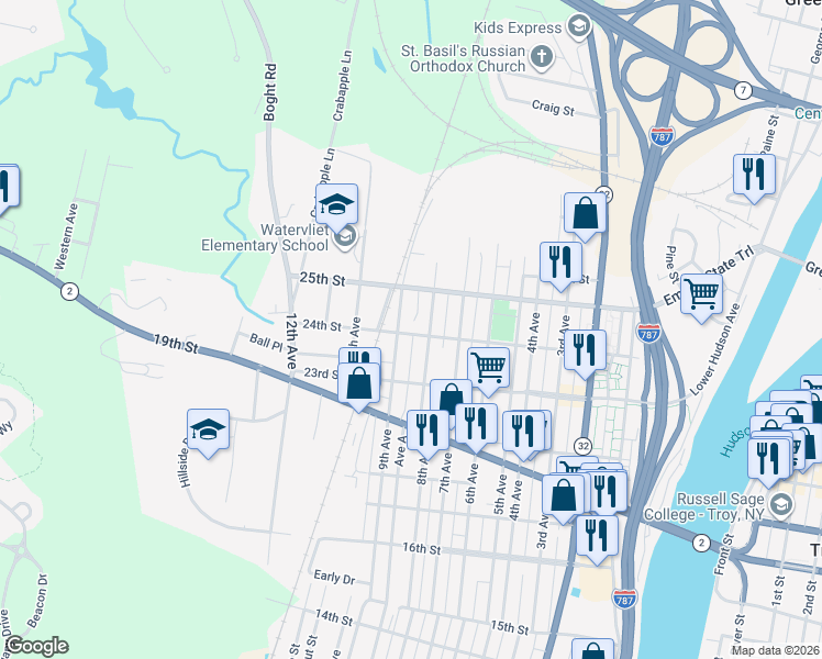 map of restaurants, bars, coffee shops, grocery stores, and more near 815 24th Street in Watervliet