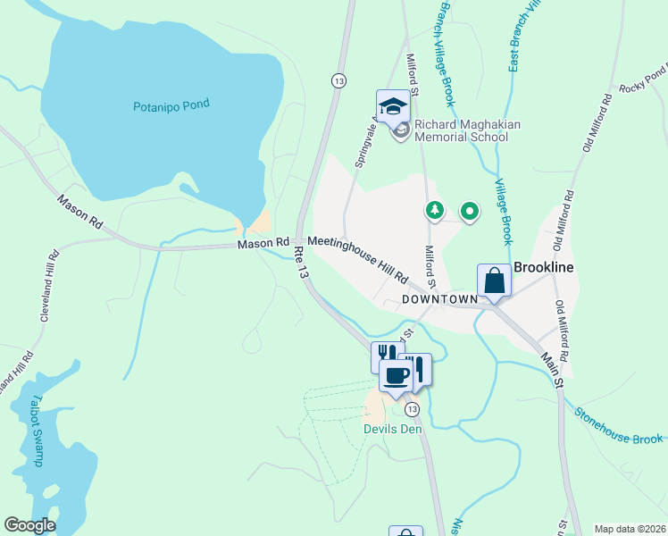 map of restaurants, bars, coffee shops, grocery stores, and more near 20 Meetinghouse Hill Road in Brookline