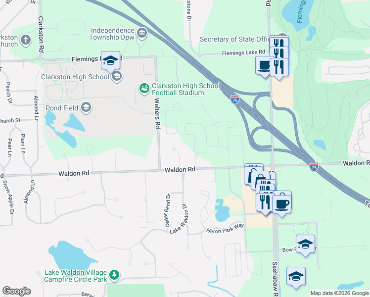map of restaurants, bars, coffee shops, grocery stores, and more near 6586 Waldon Glens Court in City of the Village of Clarkston