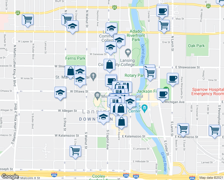 map of restaurants, bars, coffee shops, grocery stores, and more near 118 W Ottawa St in Lansing Charter Township