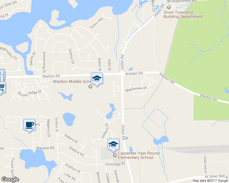 map of restaurants, bars, coffee shops, grocery stores, and more near High Pointe Drive in Orion charter Township
