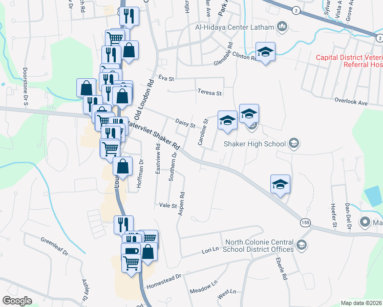map of restaurants, bars, coffee shops, grocery stores, and more near 521 Watervliet Shaker Road in Latham