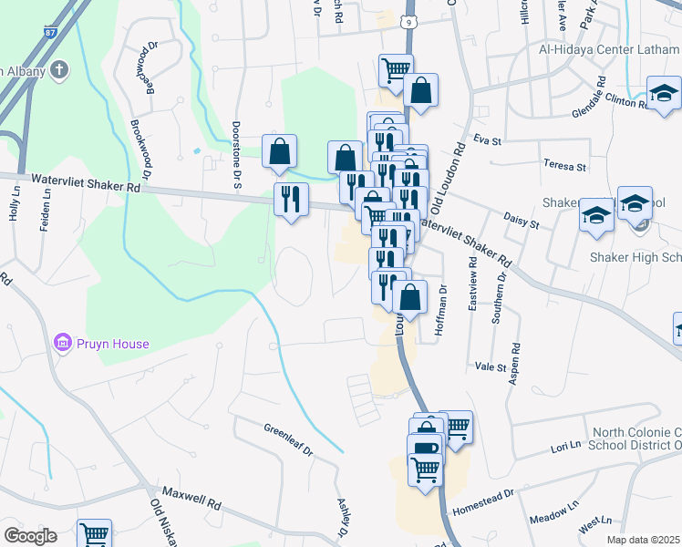 map of restaurants, bars, coffee shops, grocery stores, and more near 11 Denise Drive in Latham