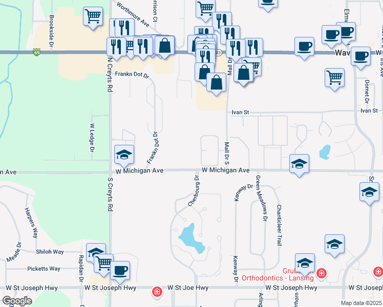 map of restaurants, bars, coffee shops, grocery stores, and more near 6100 West Michigan Avenue in Lansing