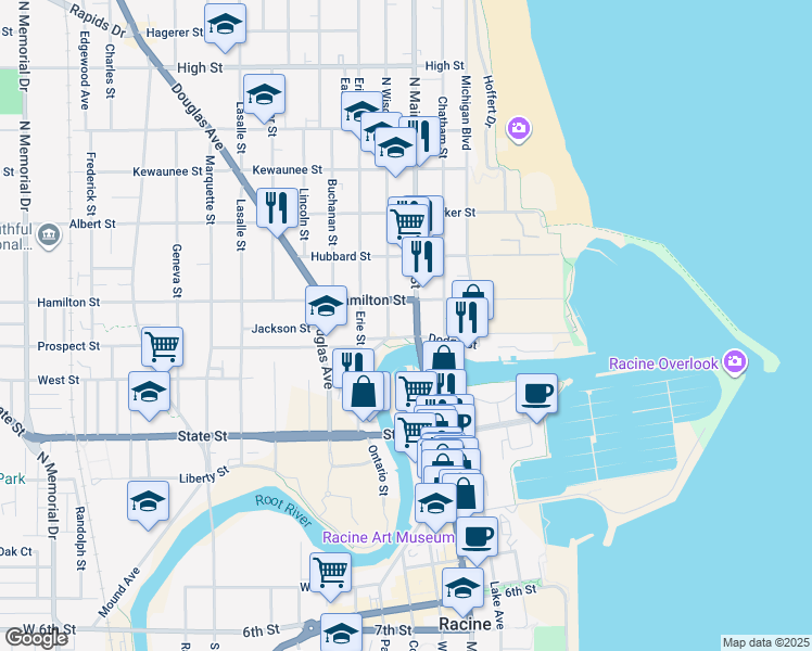 map of restaurants, bars, coffee shops, grocery stores, and more near 1115 North Main Street in Racine