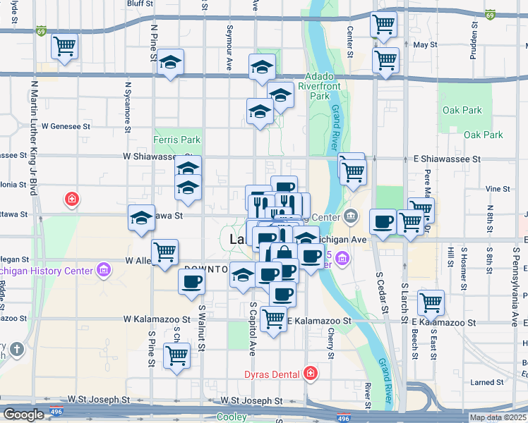 map of restaurants, bars, coffee shops, grocery stores, and more near 118 West Ottawa Street in Lansing
