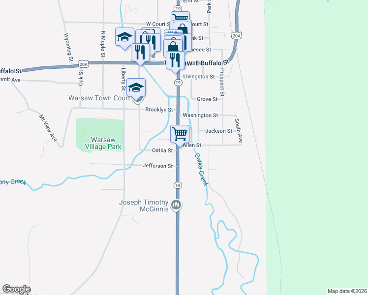 map of restaurants, bars, coffee shops, grocery stores, and more near 6 Allen Street in Warsaw