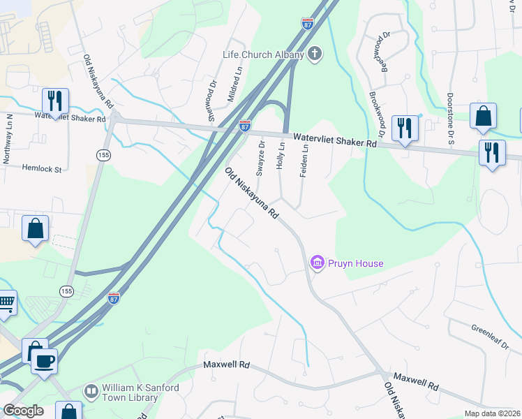map of restaurants, bars, coffee shops, grocery stores, and more near 238 Old Niskayuna Road in Latham