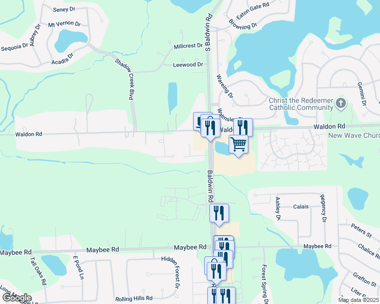 map of restaurants, bars, coffee shops, grocery stores, and more near 3437 Baldwin Woods Drive in Orion charter Township