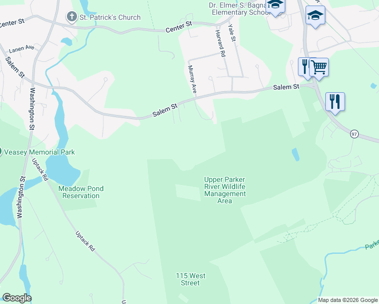 map of restaurants, bars, coffee shops, grocery stores, and more near 46 Nelson Street in Groveland