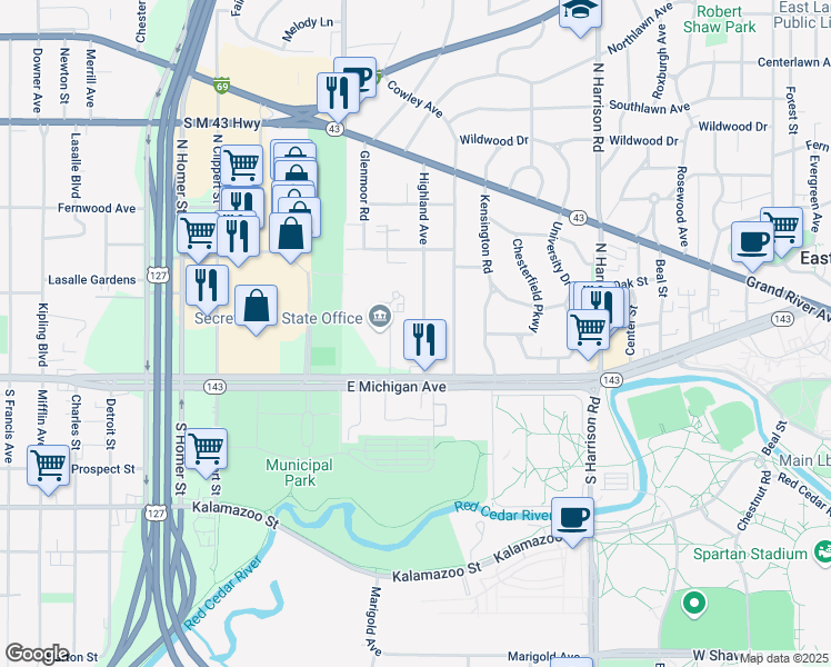 map of restaurants, bars, coffee shops, grocery stores, and more near 149 Highland Avenue in East Lansing