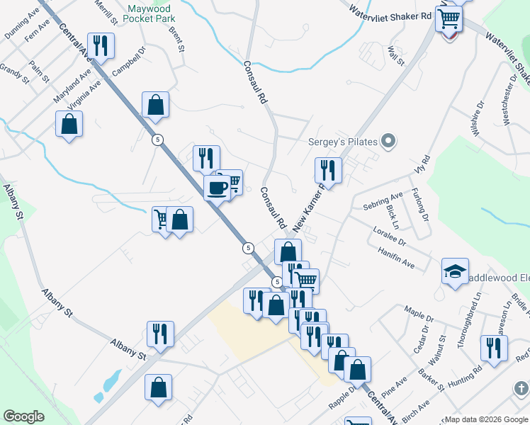 map of restaurants, bars, coffee shops, grocery stores, and more near 46 Consaul Road in Albany