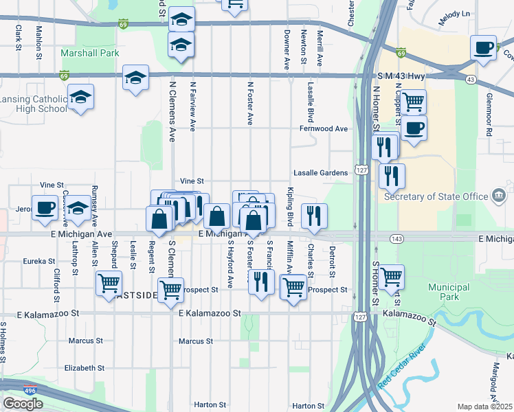 map of restaurants, bars, coffee shops, grocery stores, and more near 200 North Foster Avenue in Lansing