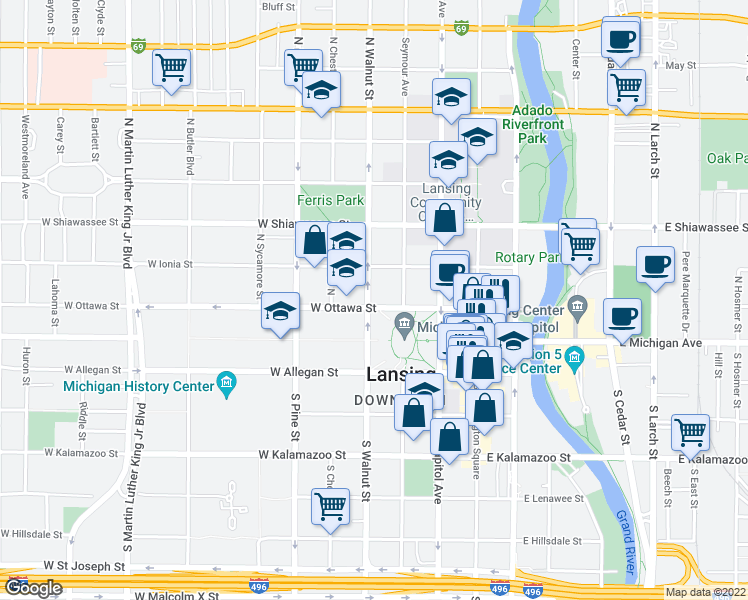 map of restaurants, bars, coffee shops, grocery stores, and more near 326 West Ottawa Street in Lansing
