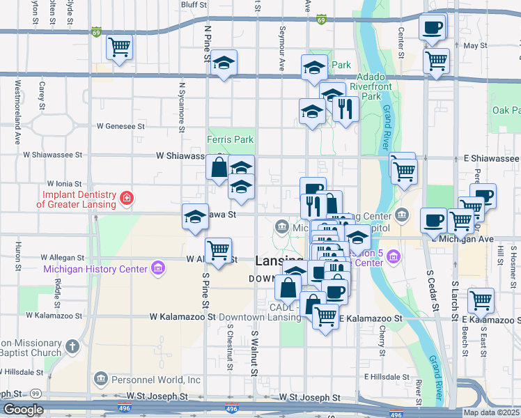 map of restaurants, bars, coffee shops, grocery stores, and more near 326 West Ottawa Street in Lansing