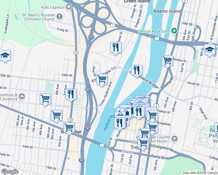 map of restaurants, bars, coffee shops, grocery stores, and more near 21 Lower Hudson Avenue in Green Island