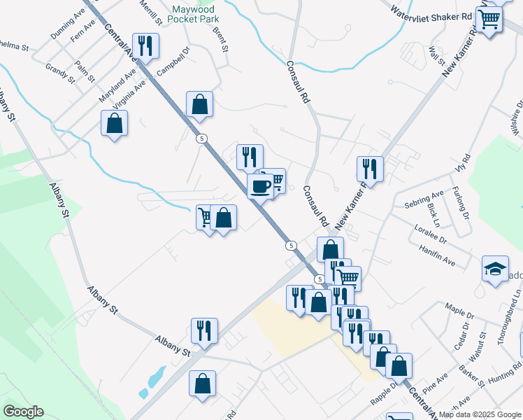 map of restaurants, bars, coffee shops, grocery stores, and more near 1900 Central Avenue in Albany
