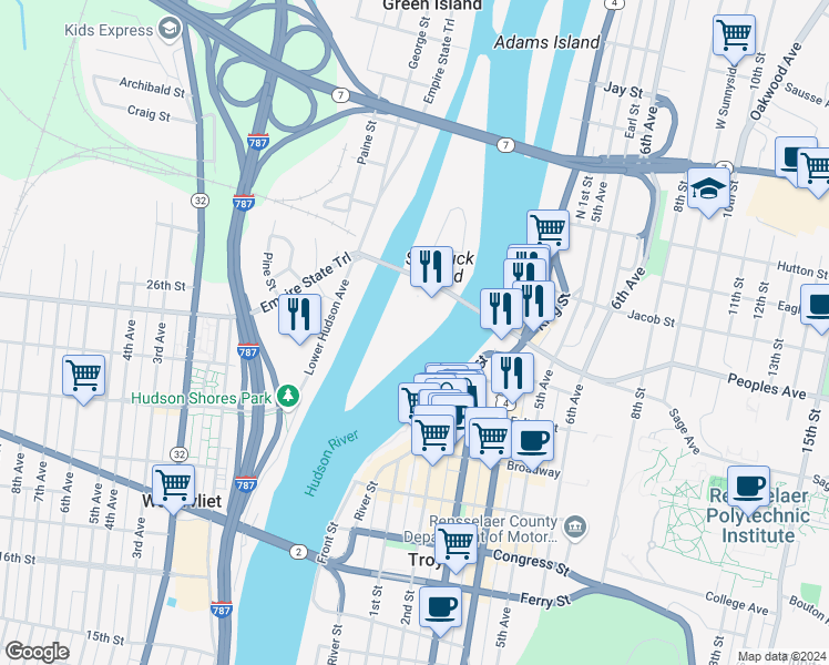 map of restaurants, bars, coffee shops, grocery stores, and more near 20 Starbuck Drive in Green Island