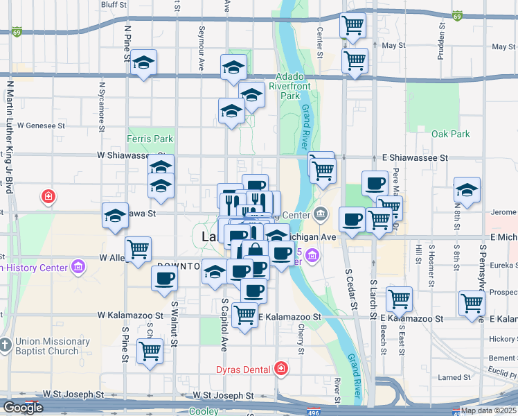 map of restaurants, bars, coffee shops, grocery stores, and more near 200 North Washington Square in Lansing