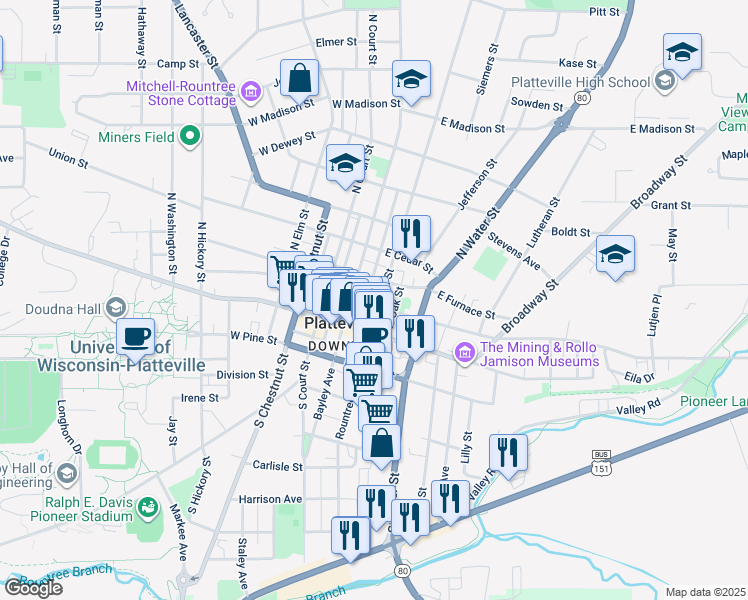map of restaurants, bars, coffee shops, grocery stores, and more near 60 East Mineral Street in Platteville