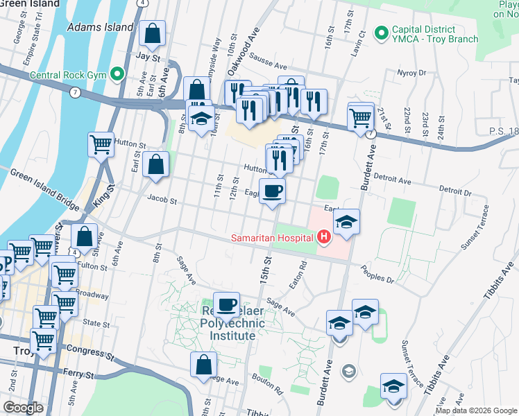map of restaurants, bars, coffee shops, grocery stores, and more near 2214 14th Street in Troy
