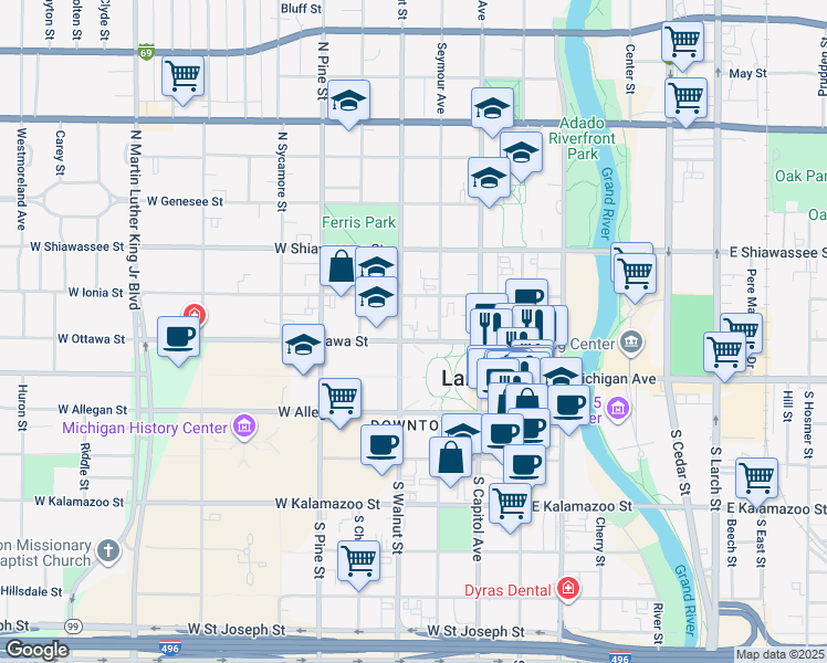 map of restaurants, bars, coffee shops, grocery stores, and more near 320 West Ottawa Street in Lansing