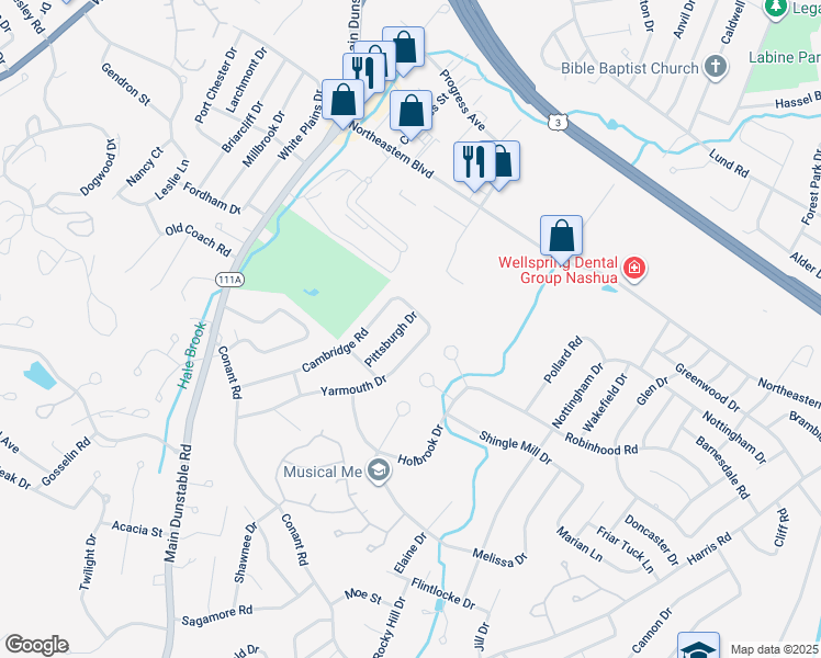 map of restaurants, bars, coffee shops, grocery stores, and more near 44 Yarmouth Drive in Nashua