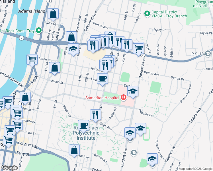 map of restaurants, bars, coffee shops, grocery stores, and more near 2219 16th Street in Troy