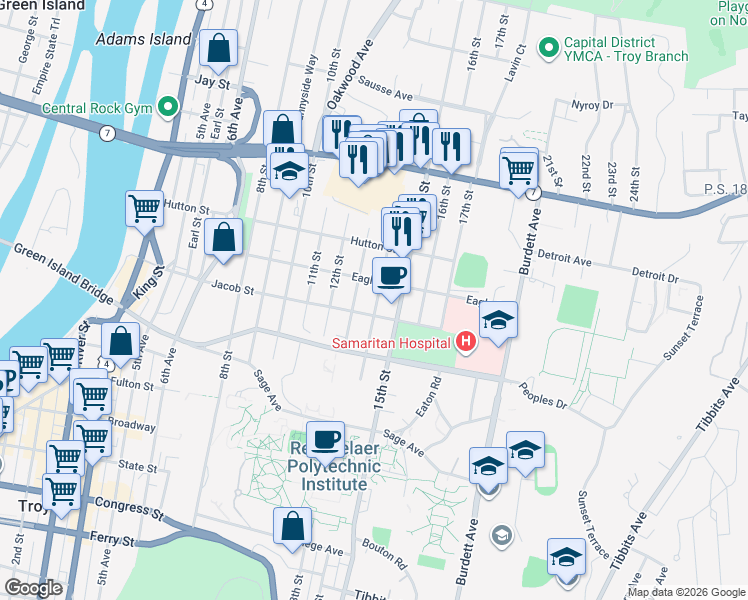 map of restaurants, bars, coffee shops, grocery stores, and more near 2214 14th Street in Troy