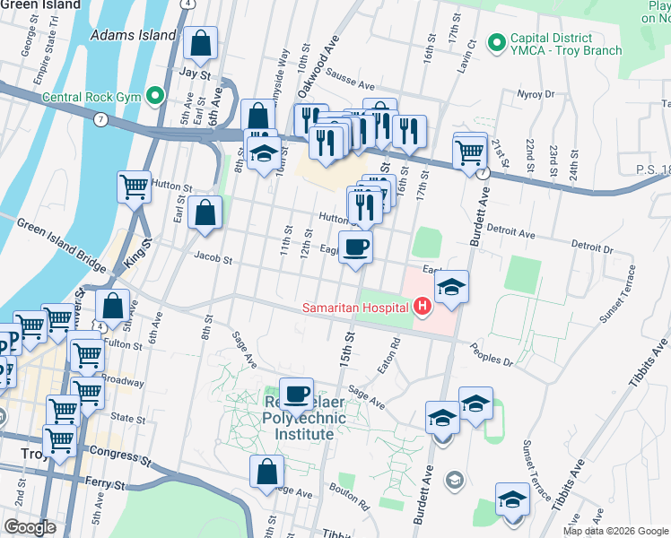 map of restaurants, bars, coffee shops, grocery stores, and more near 2214 14th Street in Troy