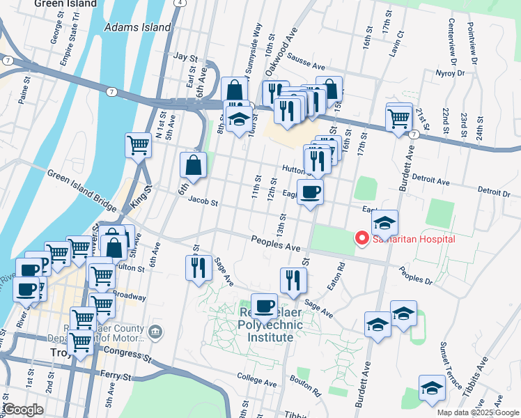 map of restaurants, bars, coffee shops, grocery stores, and more near 91 11th Street in Troy