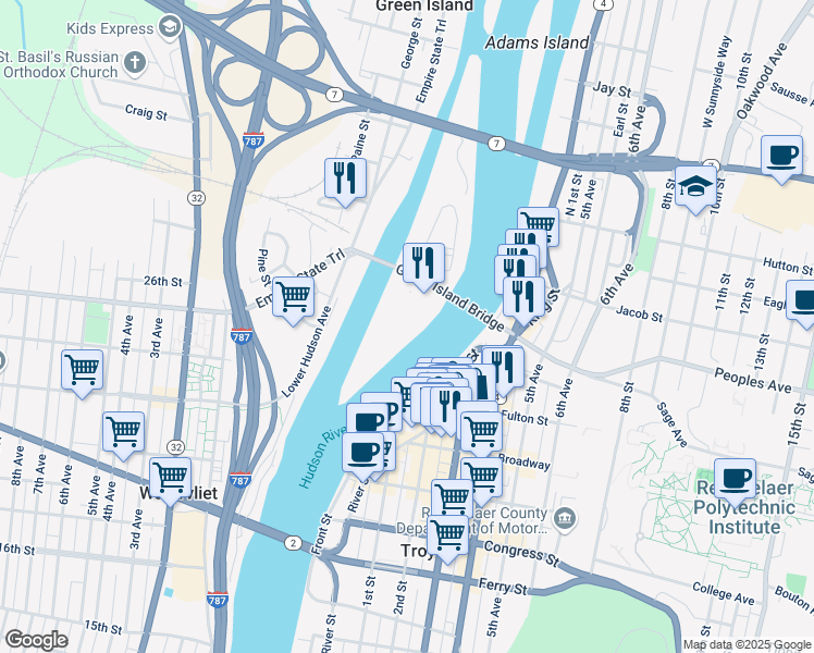 map of restaurants, bars, coffee shops, grocery stores, and more near 20 Starbuck Drive in Green Island