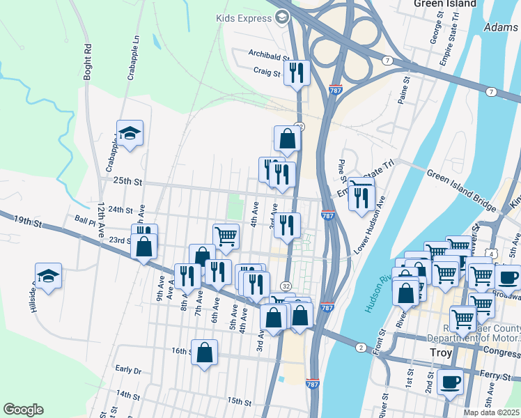 map of restaurants, bars, coffee shops, grocery stores, and more near 2423 3rd Avenue in Watervliet