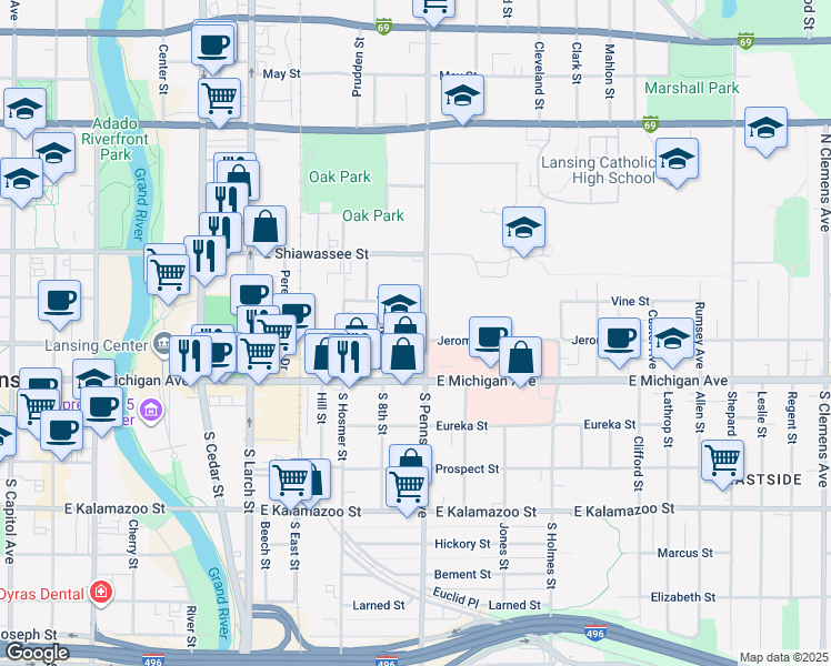 map of restaurants, bars, coffee shops, grocery stores, and more near 919 Jerome Street in Lansing