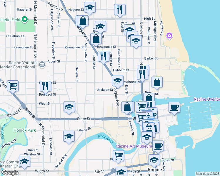 map of restaurants, bars, coffee shops, grocery stores, and more near 1124 Douglas Avenue in Racine