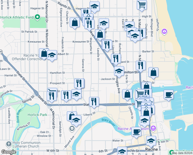 map of restaurants, bars, coffee shops, grocery stores, and more near 1126 Lasalle Street in Racine
