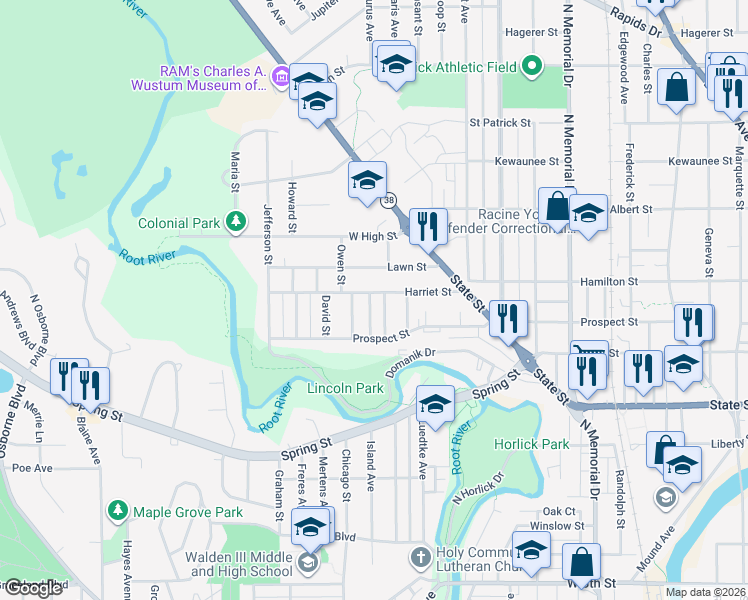 map of restaurants, bars, coffee shops, grocery stores, and more near 2209 Harriet Street in Racine