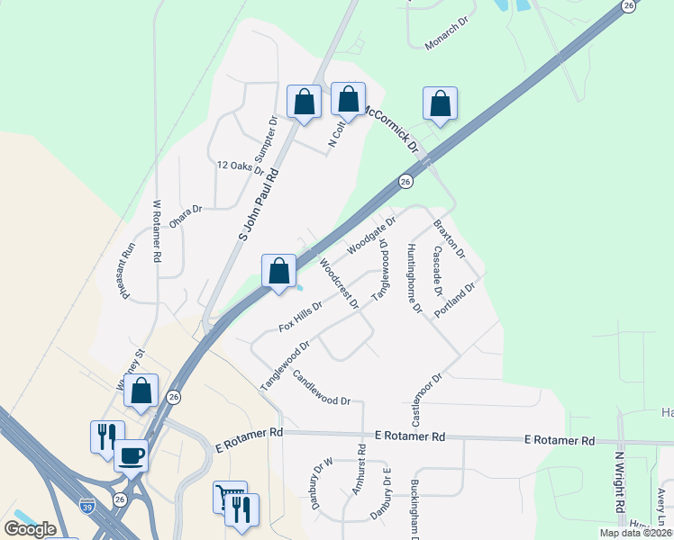 map of restaurants, bars, coffee shops, grocery stores, and more near 4417 Fox Hills Drive in Janesville