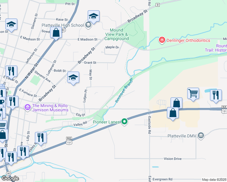 map of restaurants, bars, coffee shops, grocery stores, and more near 800-1098 Jackson Street in Platteville