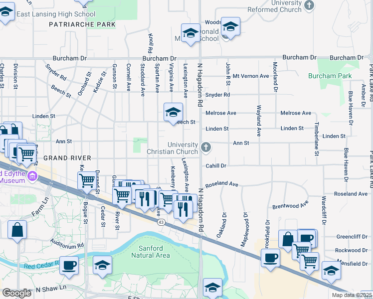 map of restaurants, bars, coffee shops, grocery stores, and more near 322 Lexington Avenue in East Lansing