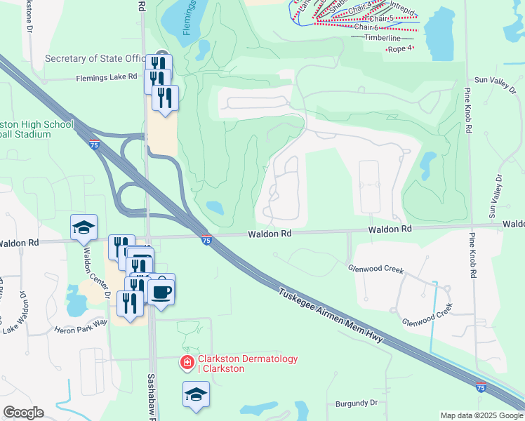 map of restaurants, bars, coffee shops, grocery stores, and more near 6961 Fairways Drive South in Clarkston