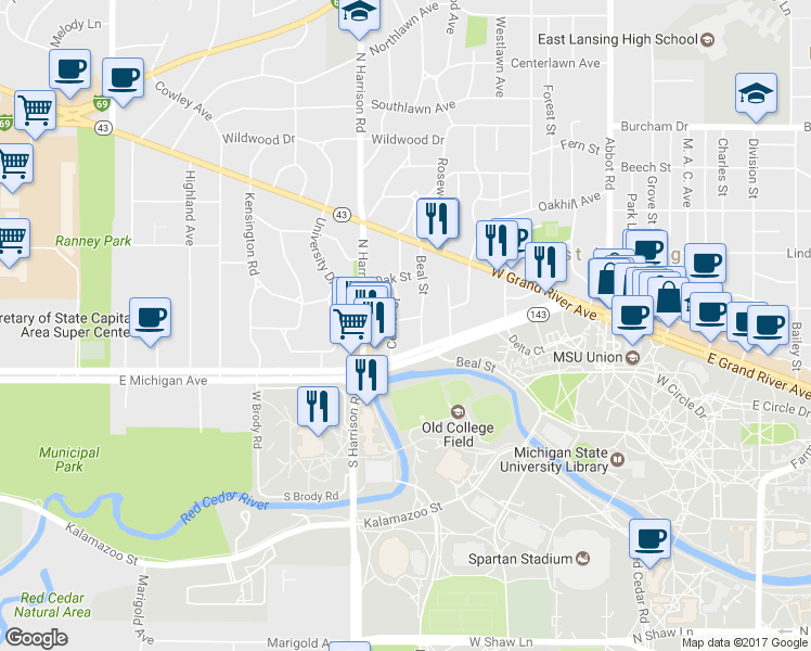 map of restaurants, bars, coffee shops, grocery stores, and more near 617 Elm Street in East Lansing