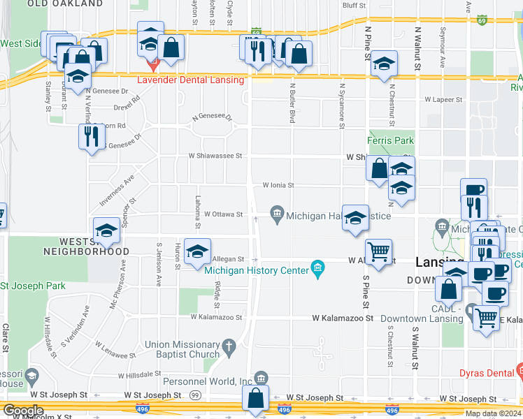 map of restaurants, bars, coffee shops, grocery stores, and more near 1012 West Ottawa Street in Lansing