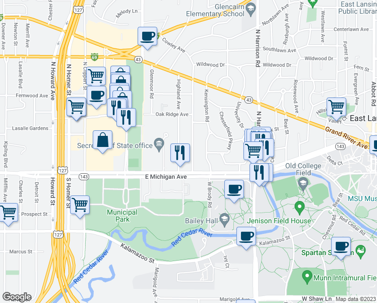 map of restaurants, bars, coffee shops, grocery stores, and more near 207 Cowley Avenue in East Lansing